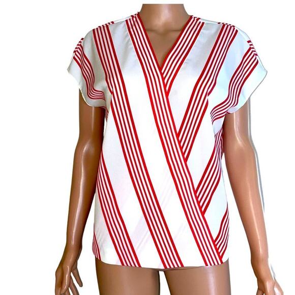 Talbots Women's blouse Faux Wrap Striped Top White Red Size MP short sleeve top - Picture 2 of 7